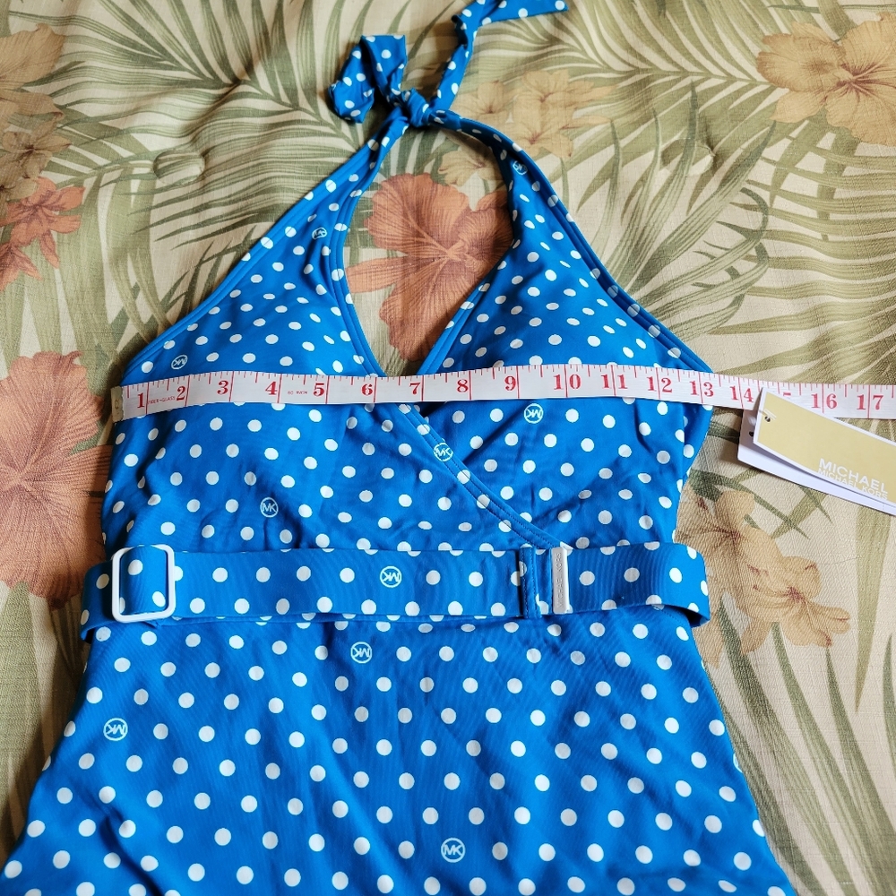 Michael Kors Polka Dot One Piece Swimwear Belt Halter Cyan Blue White 10 - Picture 9 of 13